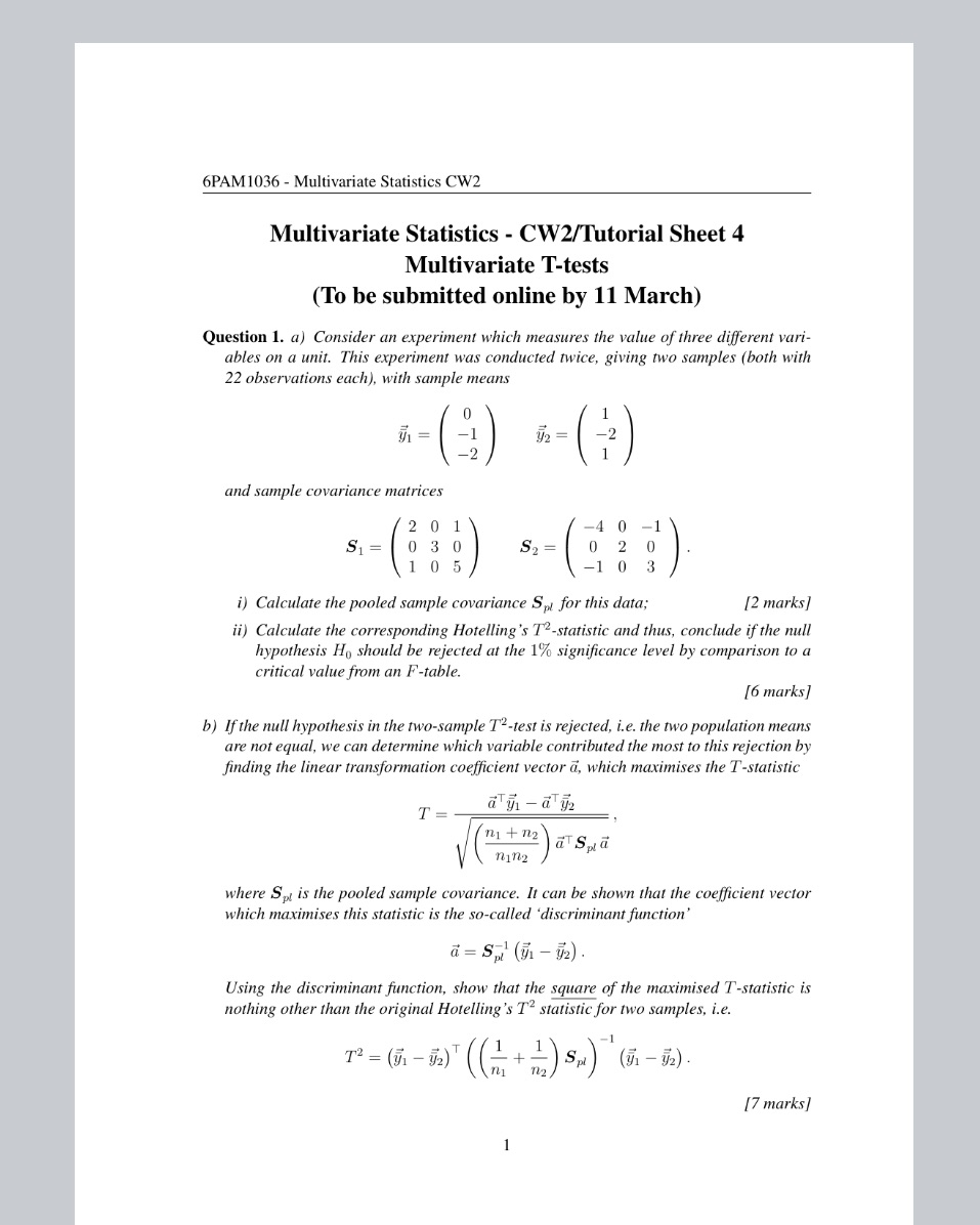  6PAM 1036 - Multivariate Statistics CW2 Multivariate Statistics - CW2/Tutorial Sheet