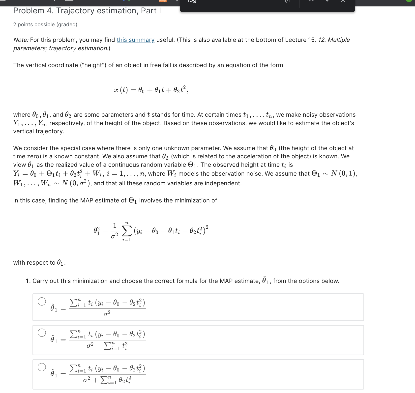  Problem 4. Trajectory estimation, Part | _ 2 points possible (graded)