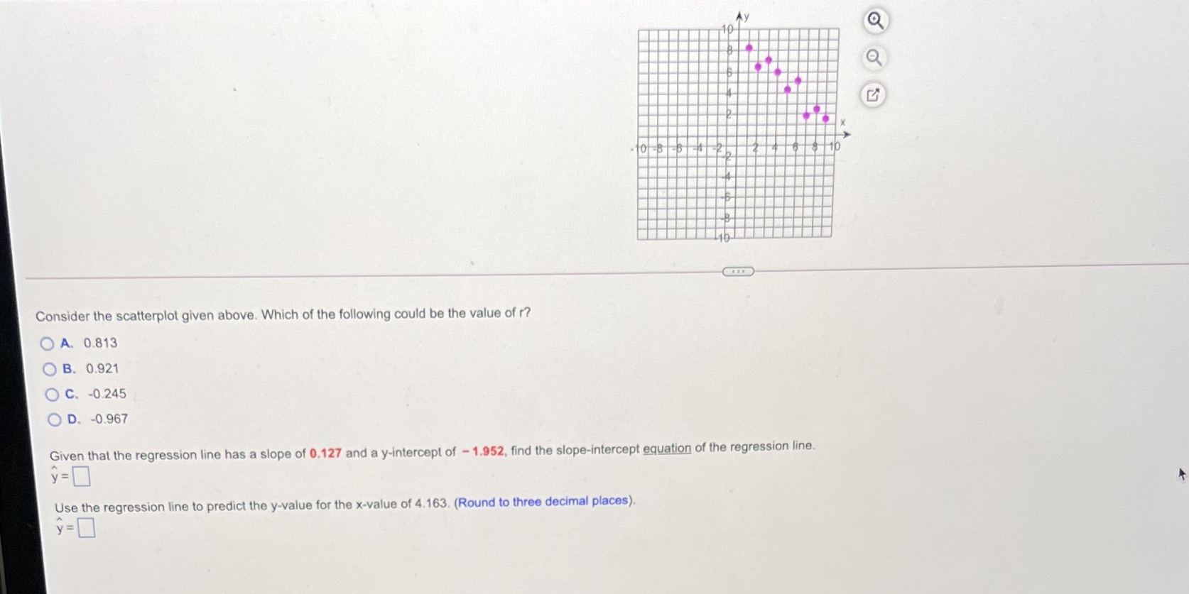 Consider the scatterplot given above. Which of the following could be