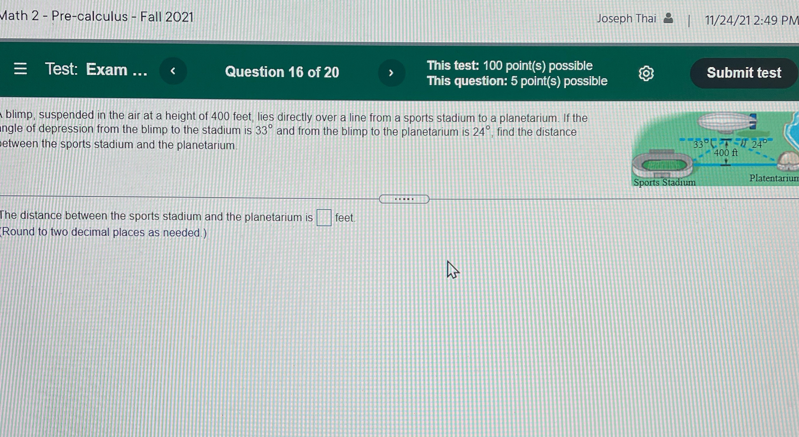 vlath 2 - Pre-calculUs - Test: Exam Fall 2021 Question 16 of