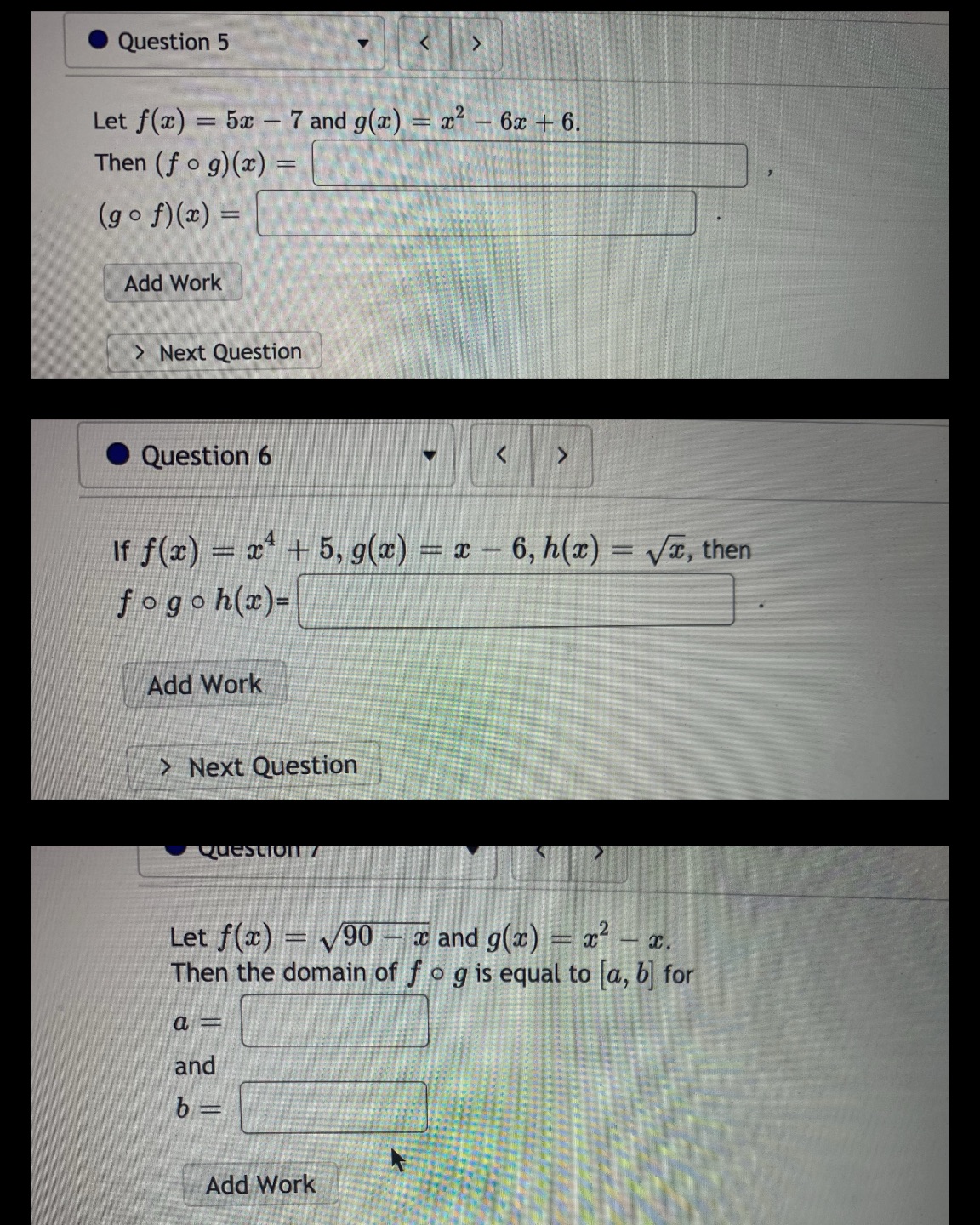 5,6,7 all blank boxes Question 5 Let f(x) = 5x - 7