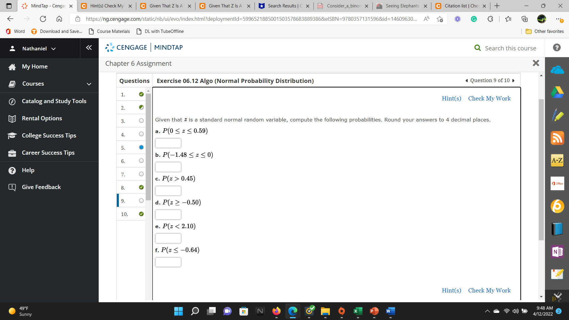 MindTap - Cengac X C Hint(s) Check My X C Given