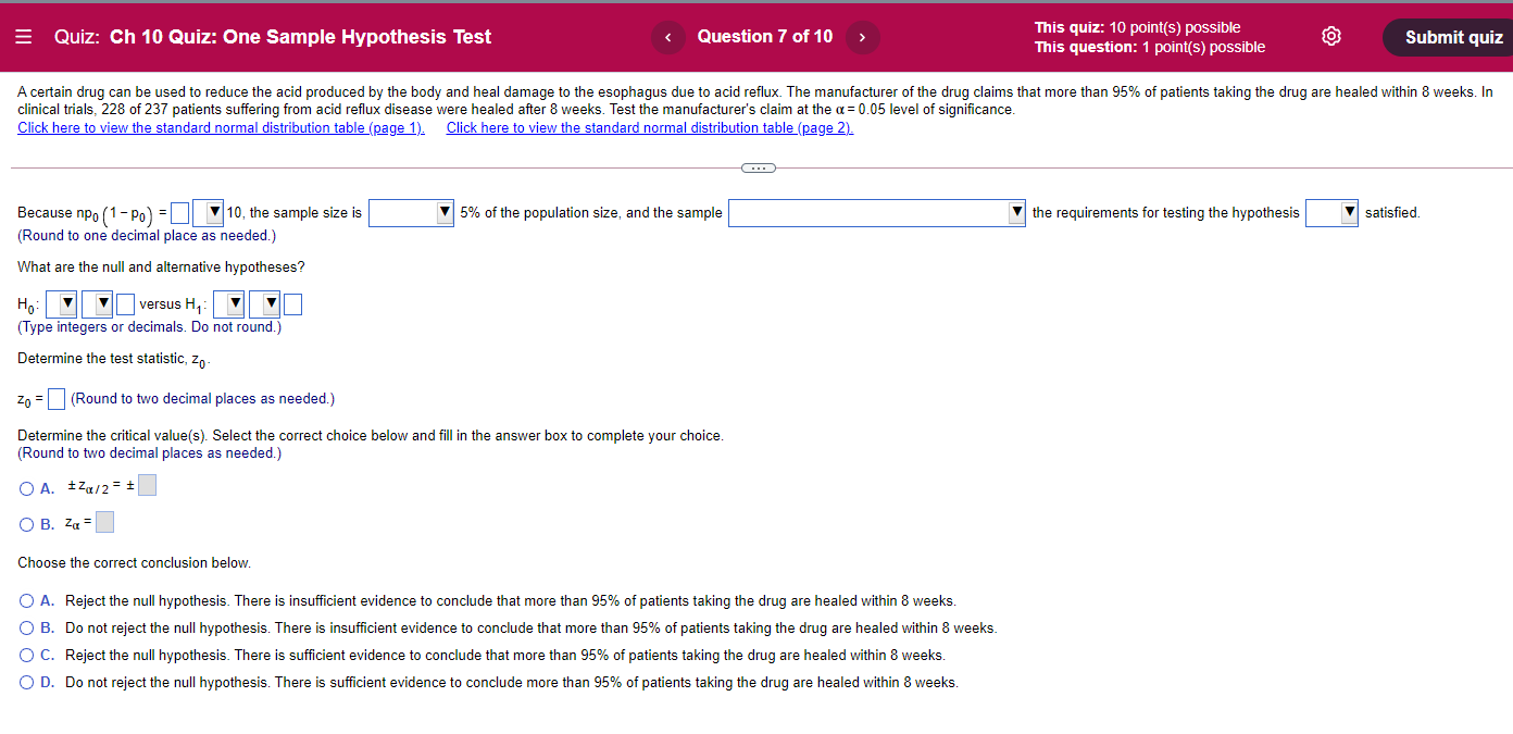 E Quiz: Ch 10 Quiz: One Sample Hypothesis Test Question 7