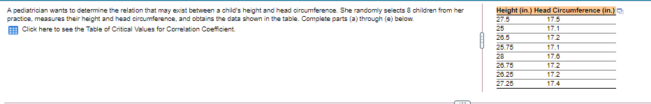 \f(c) Compute the linear correlation coefficient between the height and head