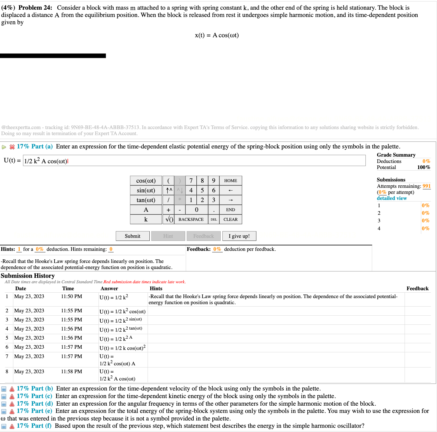 (4%) Problem 24: Consider a block with mass [11 attached to