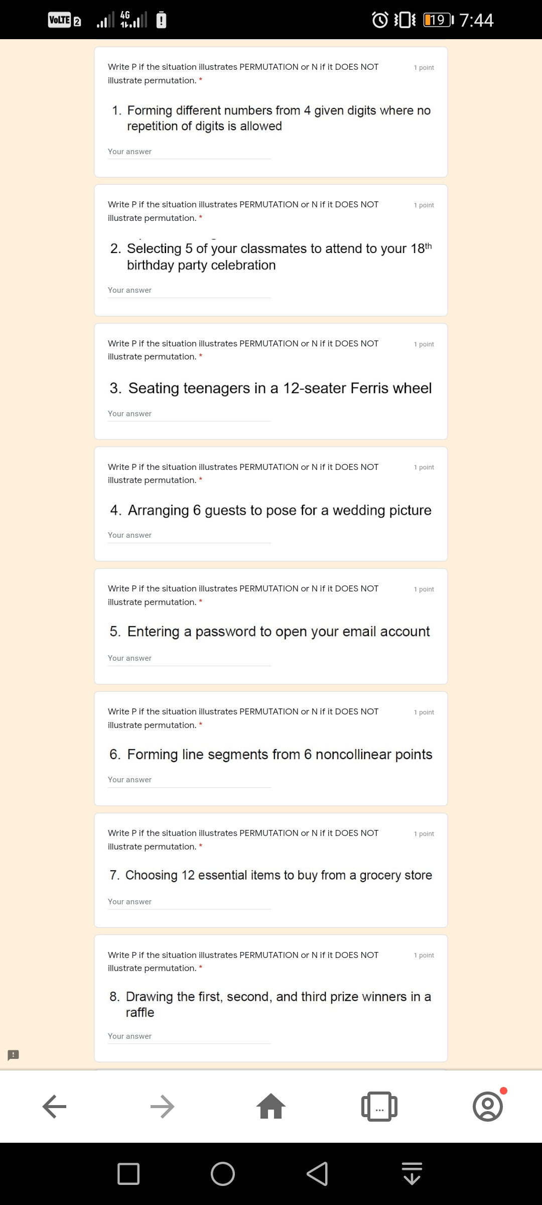  VOLTE 2 10 019 7:44 Write P if the situation illustrates