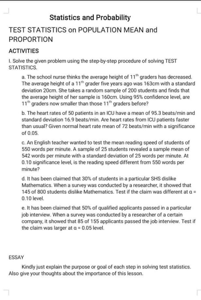 statisticsss Statistics and Probability TEST STATISTICS on POPULATION MEAN and PROPORTION ACTIVITIES