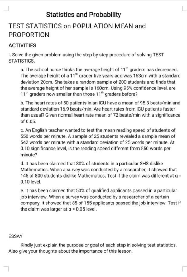 statisticss Statistics and Probability TEST STATISTICS on POPULATION MEAN and PROPORTION ACTIVITIES