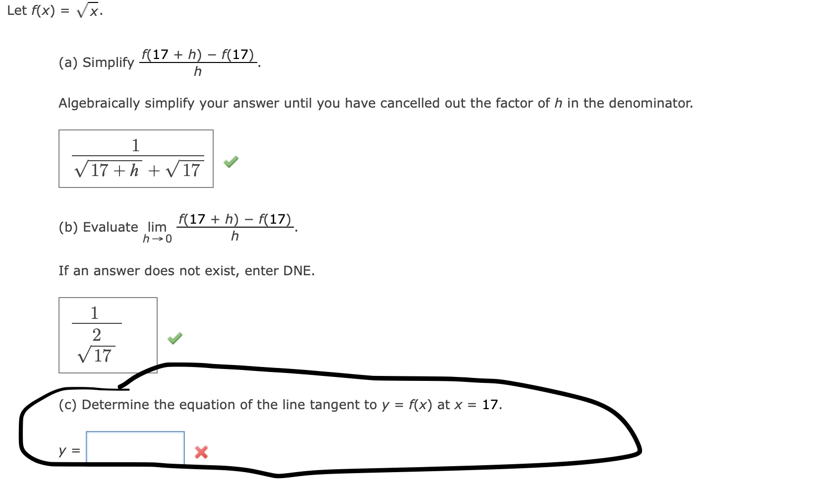 Let f(x) = Vx. (a) Simplify f(17 + h) - f(17)