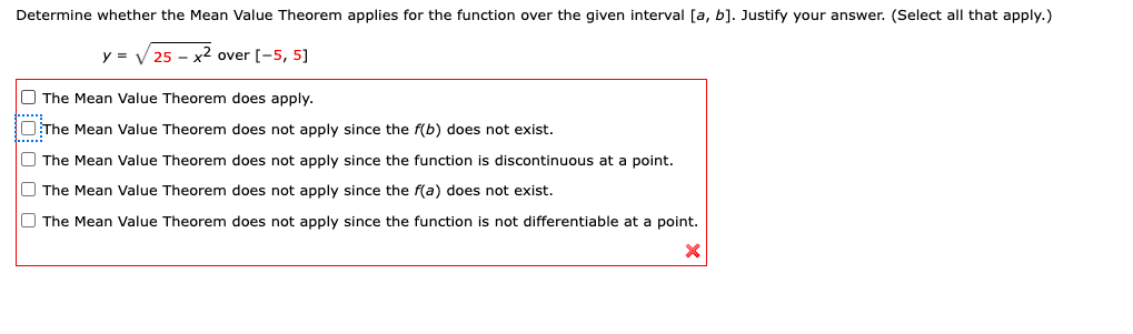  Determine whether the Mean Value Theorem applies for the function over