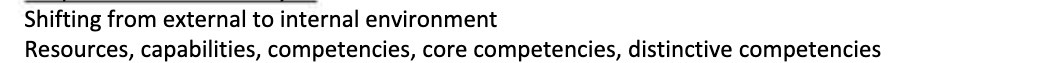 Shifting from external to internal environment Resources, capabilities, competencies, core competencies, distinctive