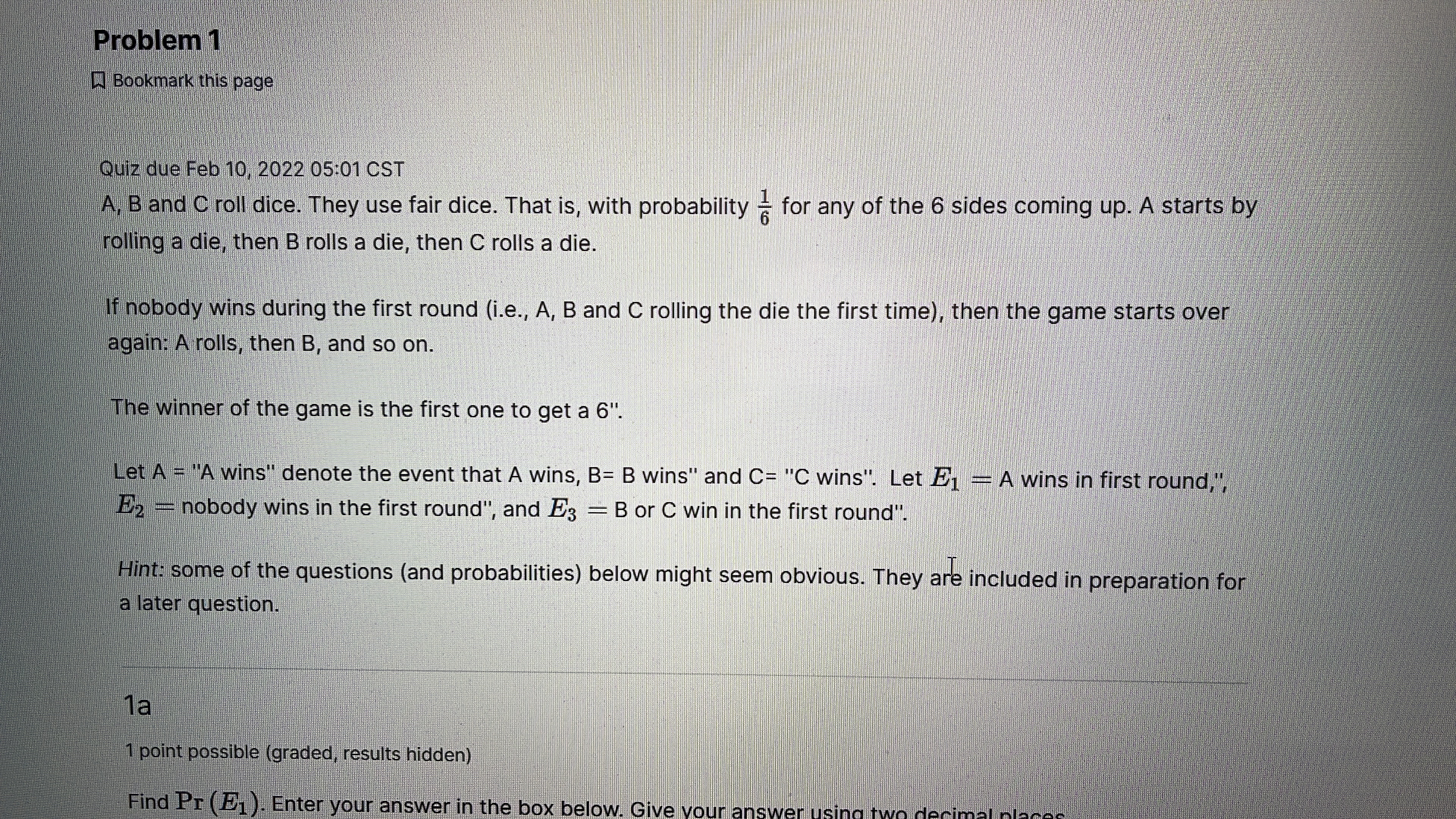 Submit i point possible (graded, results hidden) Find Pr ( E2 ).