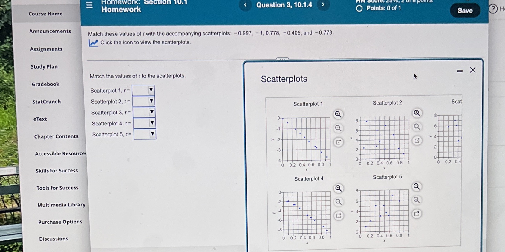 Please fill in the blanks. Scatter plot 1, r = -0.405, -0.997,