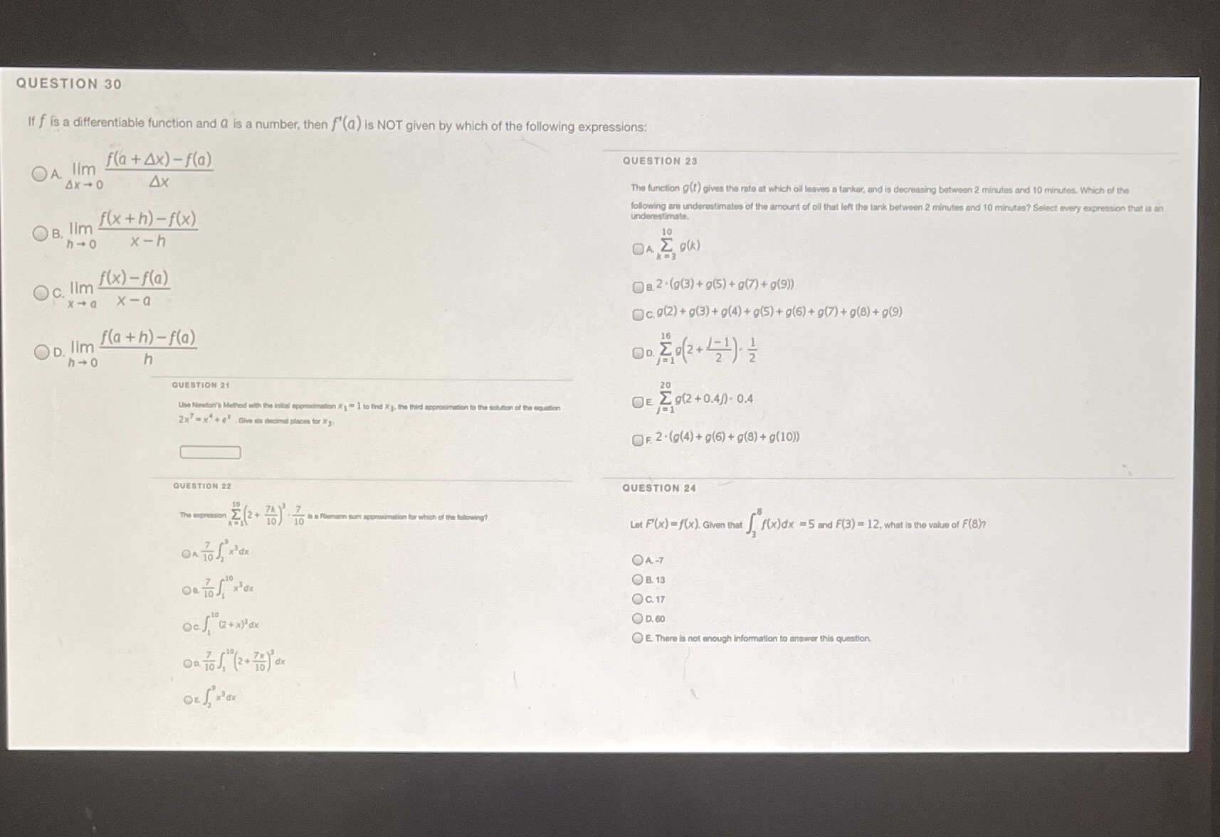  QUESTION 30 If f is a differentiable function and a is