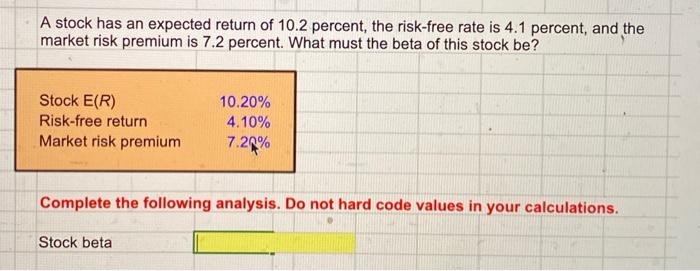 excel formula pls A stock has an expected return of 10.2 percent,