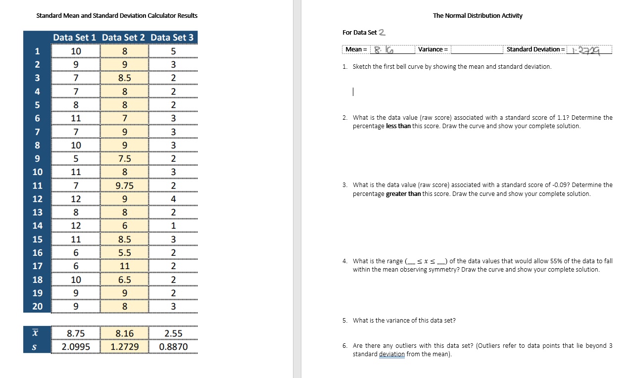 The Normal Distribution Activity Standard Mean and Standard Deviation Calculator Results