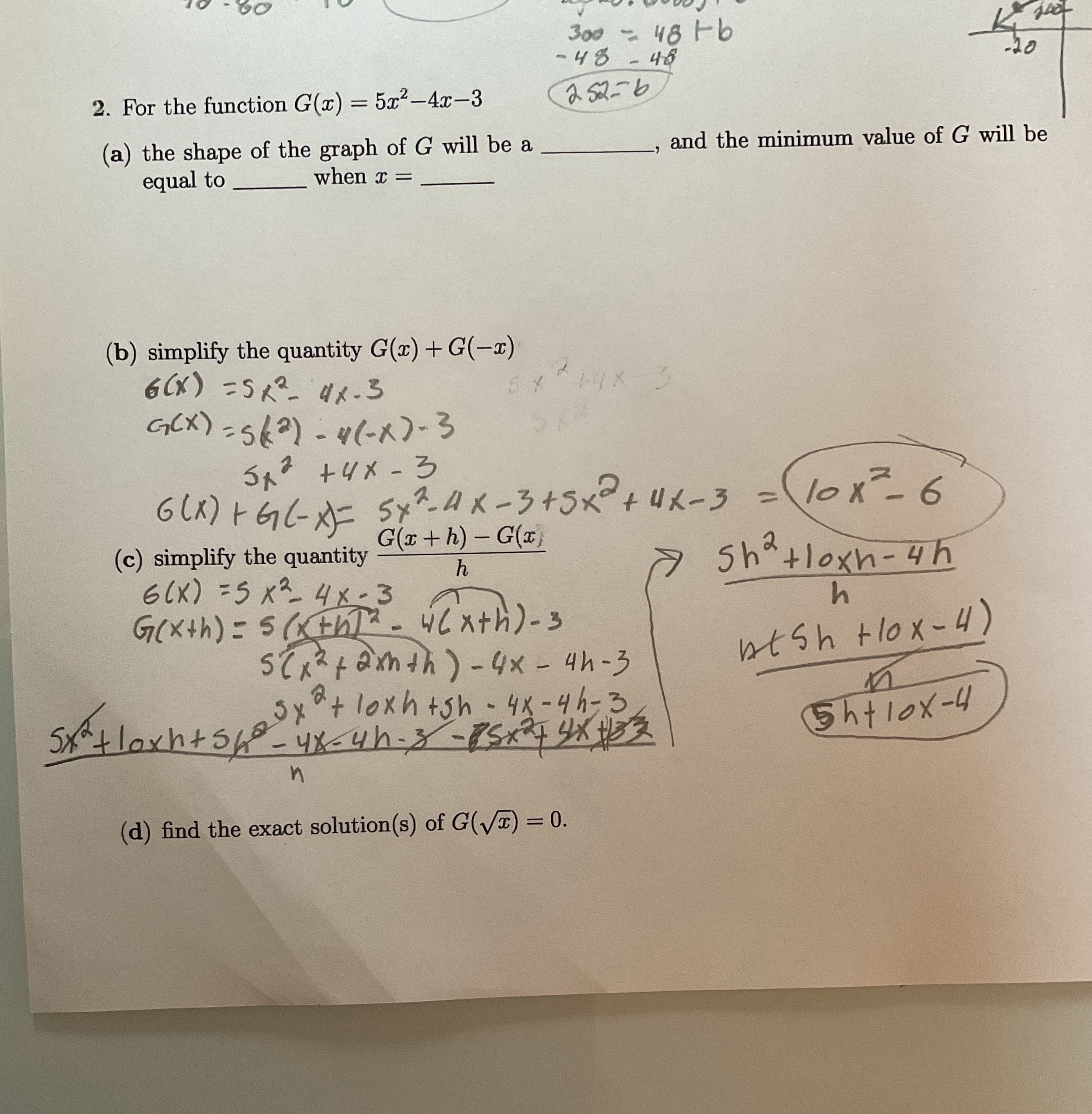 Question 2a and 2d 300 - 48 +b - 48 48 20