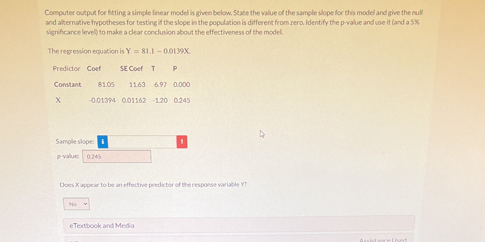 Computer output for fitting a simple linear model is given below.