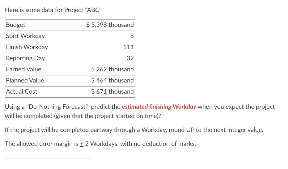  Here is some data for Project "ABC" Budget $ 5,398 thousand
