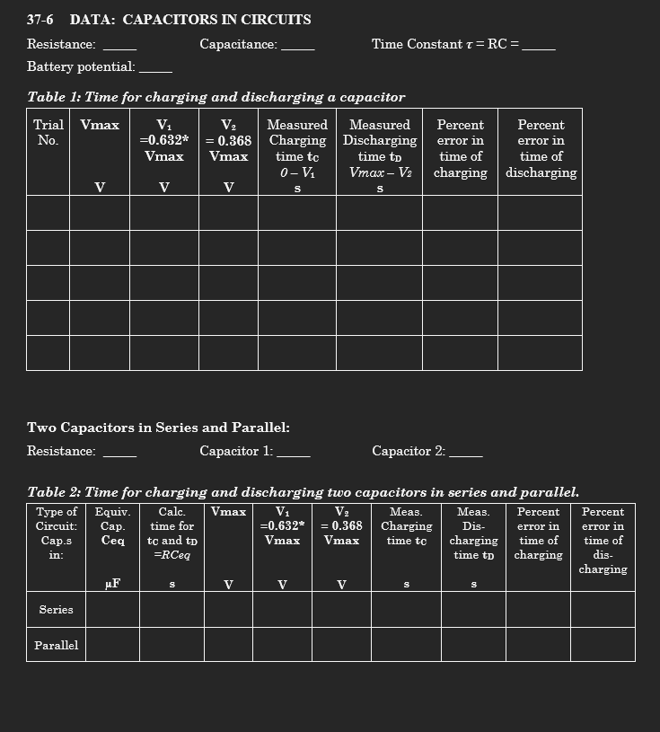 37-6 DATA: CAPACITORS IN CIRCUITS Resistance: Capacitance: Time Constant r =
