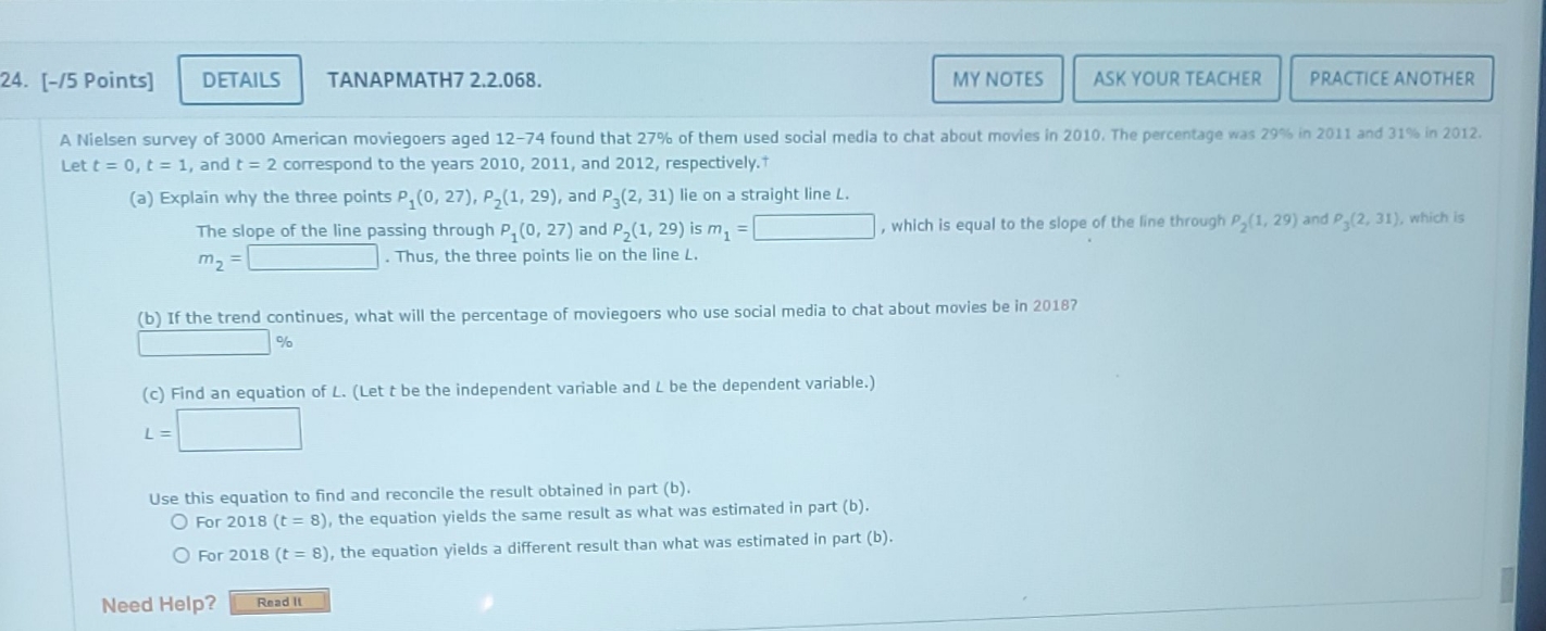 Need help. 24. [-/5 Points] DETAILS TANAPMATH7 2.2.068. MY NOTES ASK YOUR