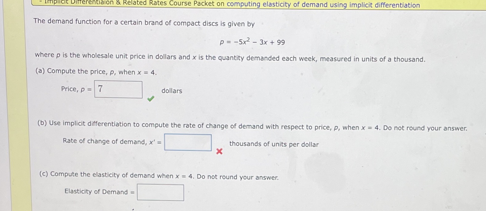Implicit Differentialon & Related Rates Course Packet on computing elasticity of