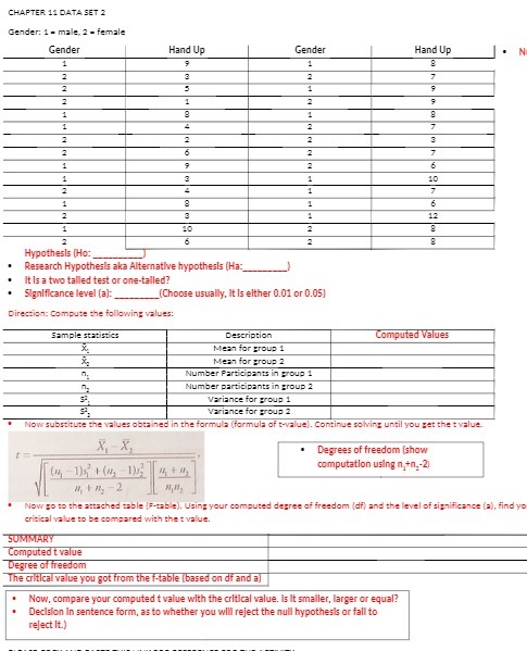 CHAPTER 11 DATA SET 2 Gender: 1 - male, 2 -