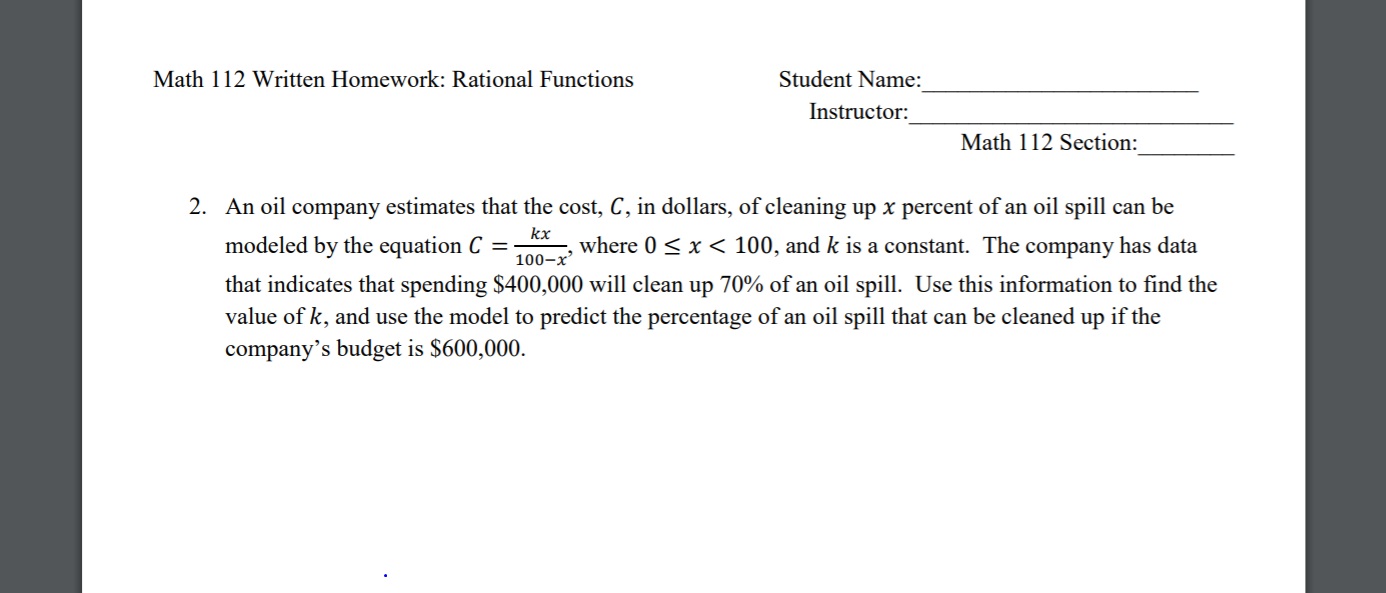 Math 112 Written Homework: Rational Functions Student Name: Instructor: Math 112