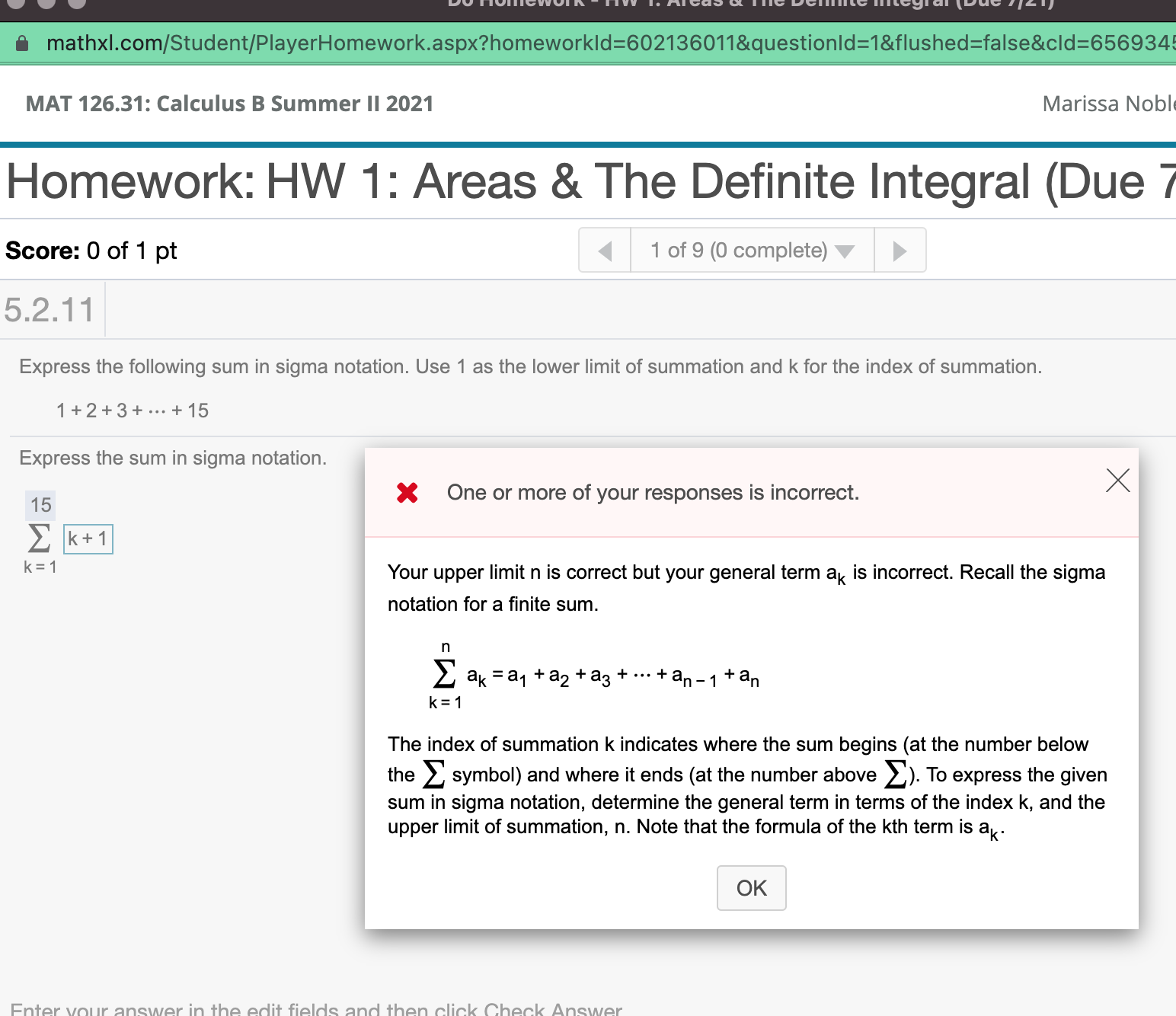 What am I doing wrong for this question> MAT 126.31: Calculus B