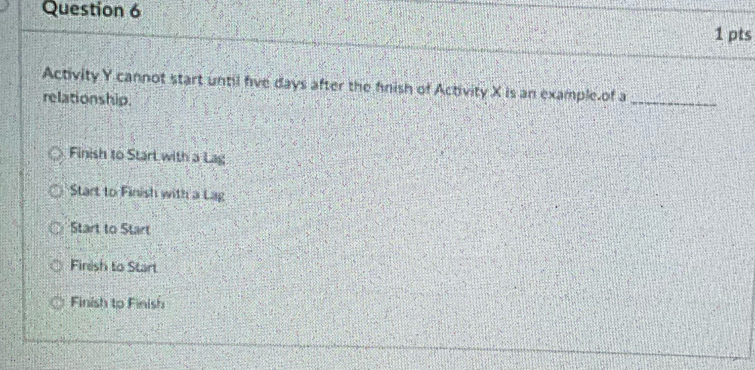  Question 6 1 pts Activity Y cannot start until five days
