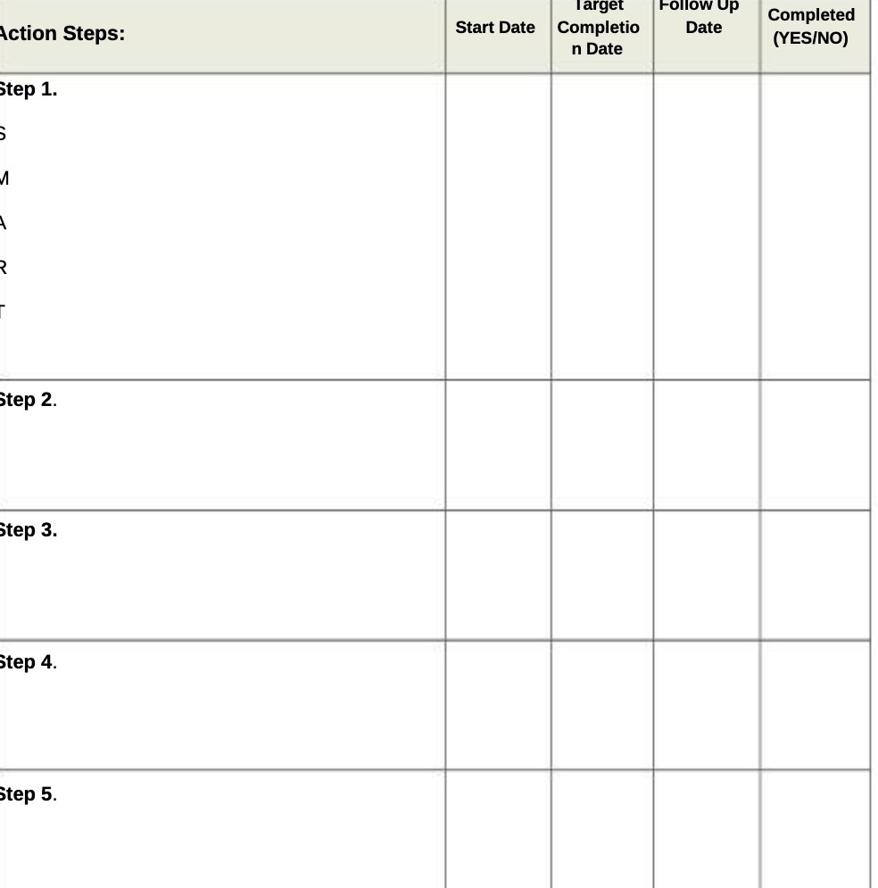 Target Follow Up Completed Action Steps: Start Date Completio Date (YES/NO)