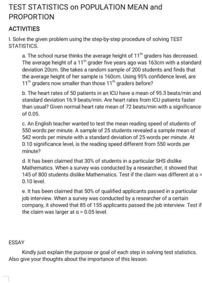 statistics TEST STATISTICS on POPULATION MEAN and PROPORTION ACTIVITIES I. Solve the