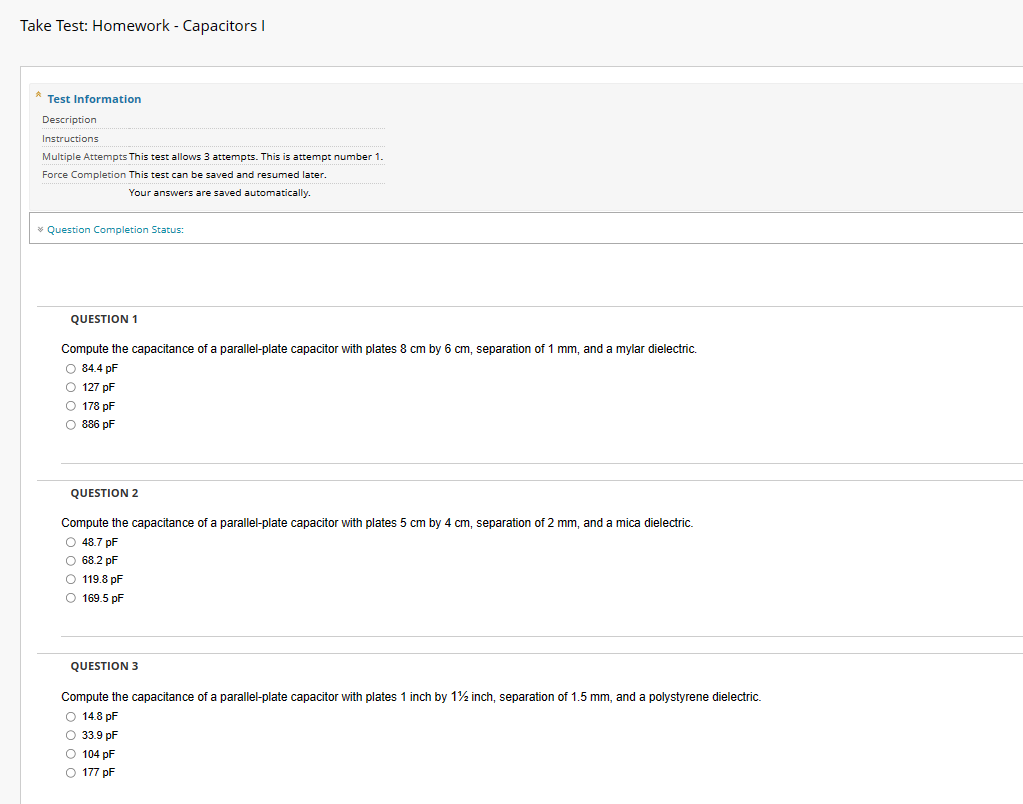  Take Test: Homework - Capacitors | " Test Infermation Description Instructions