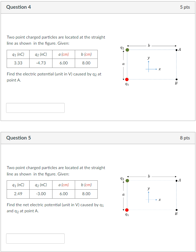  Question 4 5 pts Two point charged particles are located at