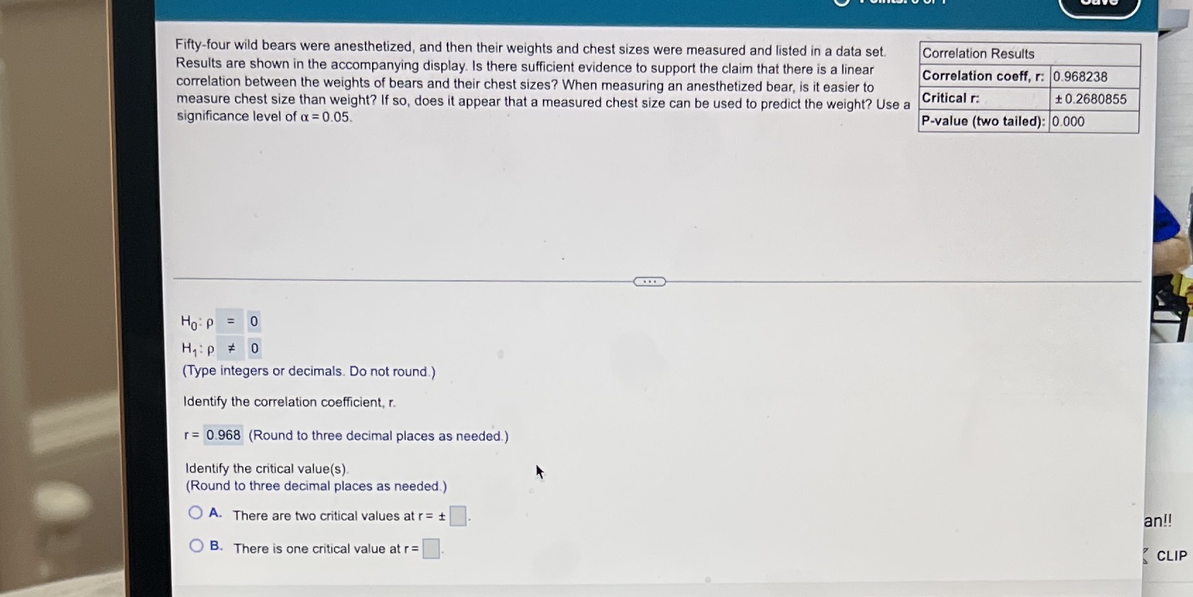Please identify the critical values and choose a or b and fill
