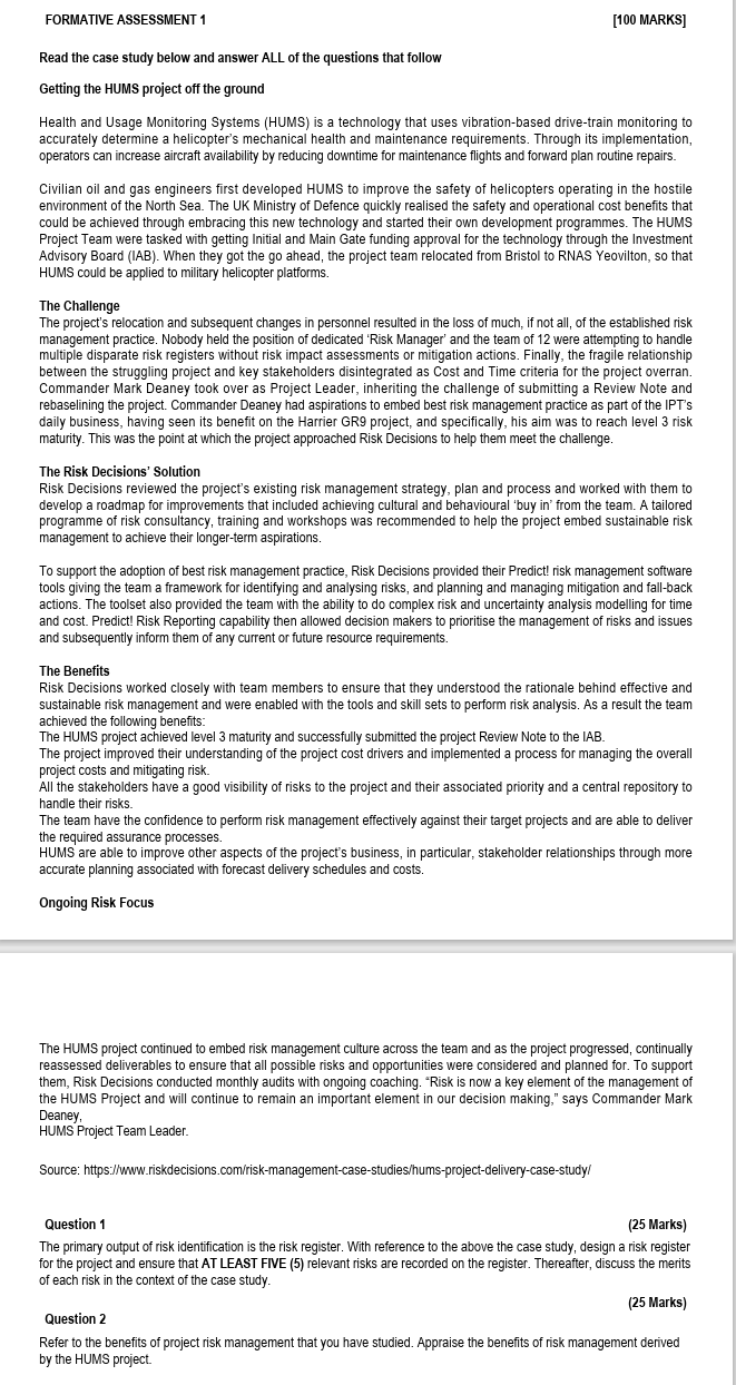  FORMATIVE ASSESSMENT 1 [100 MARKS] Read the case study below and