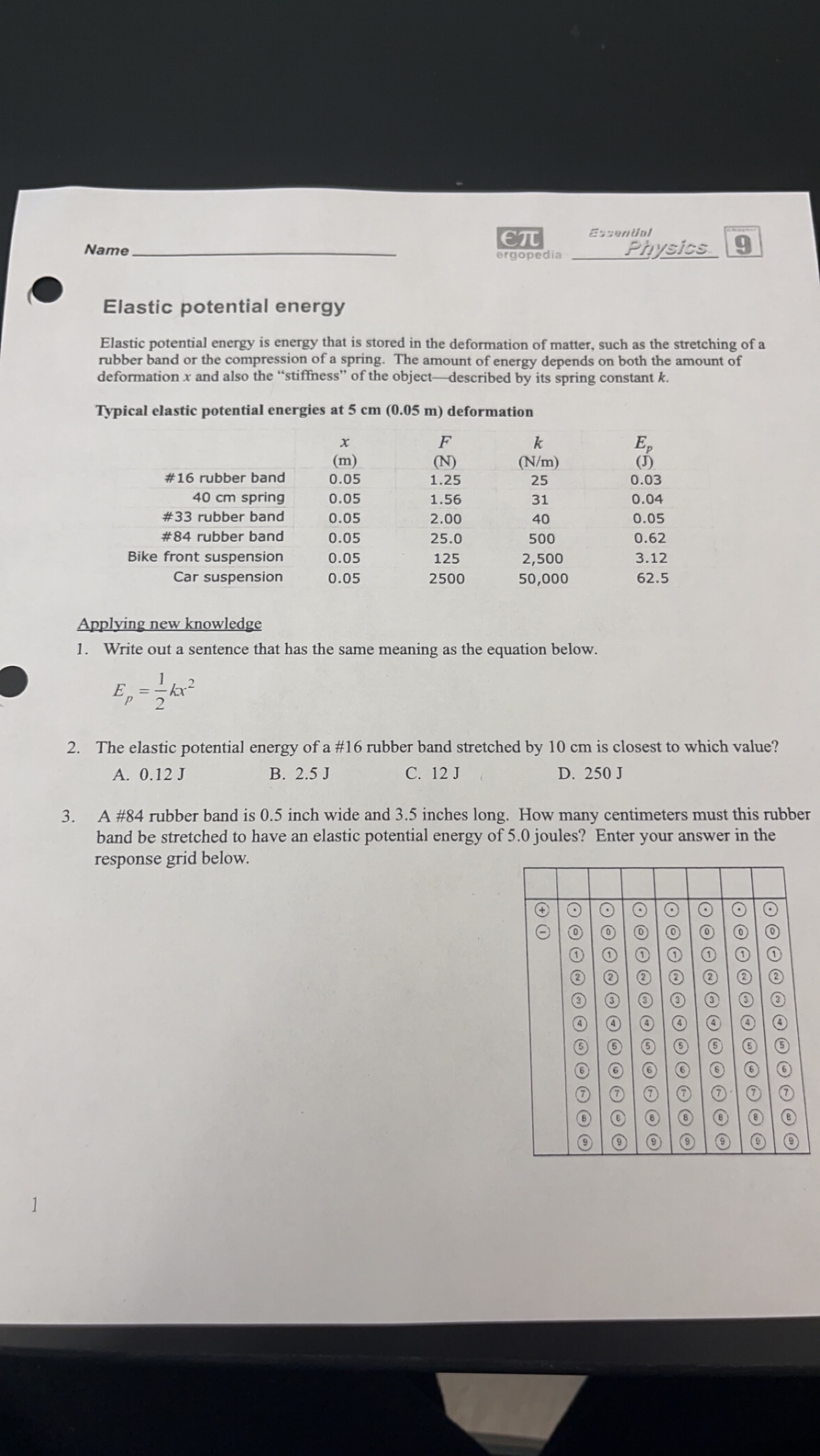  Name ETC Essential ergopedia Physics 9 Elastic potential energy Elastic potential