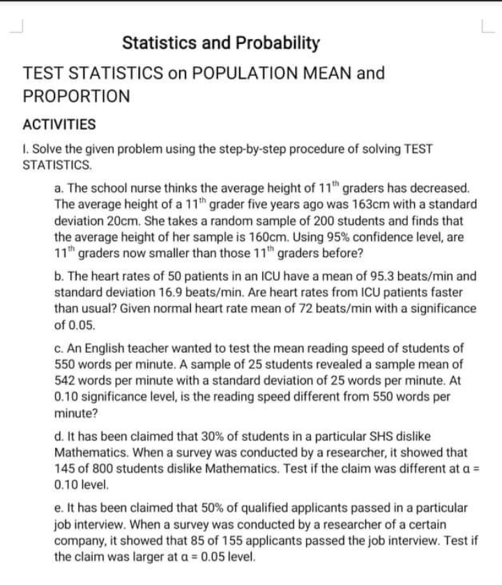 statistics Statistics and Probability TEST STATISTICS on POPULATION MEAN and PROPORTION ACTIVITIES