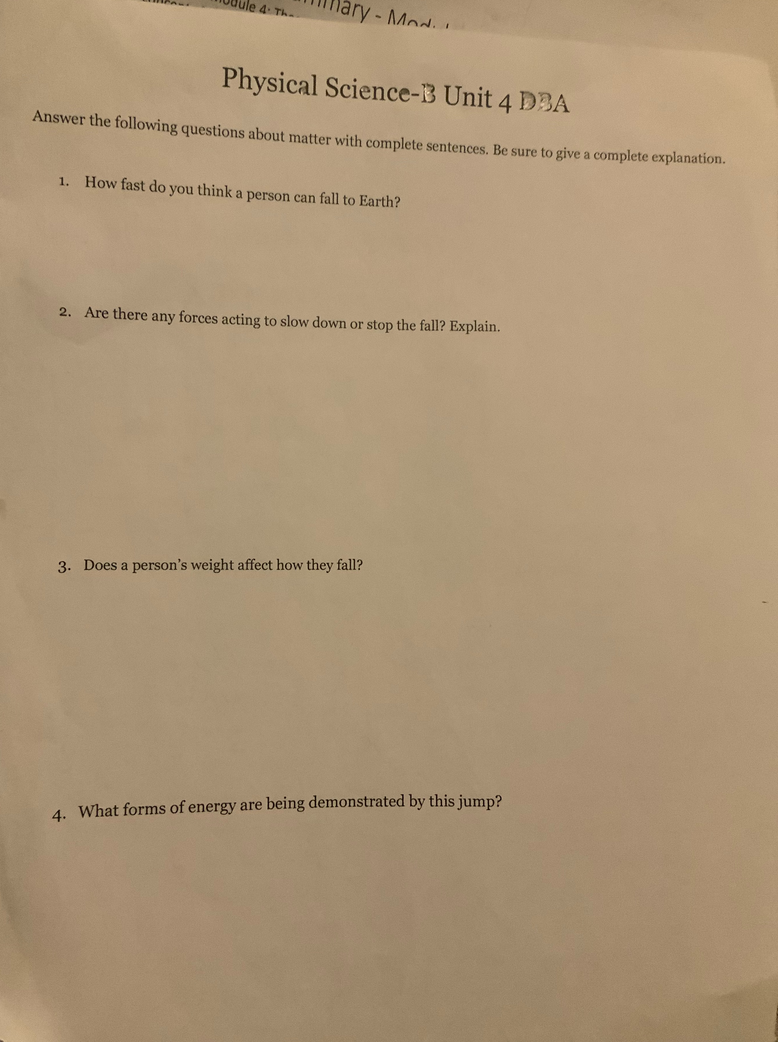  dule 4. Th. mary - Man. . Physical Science-B Unit 4
