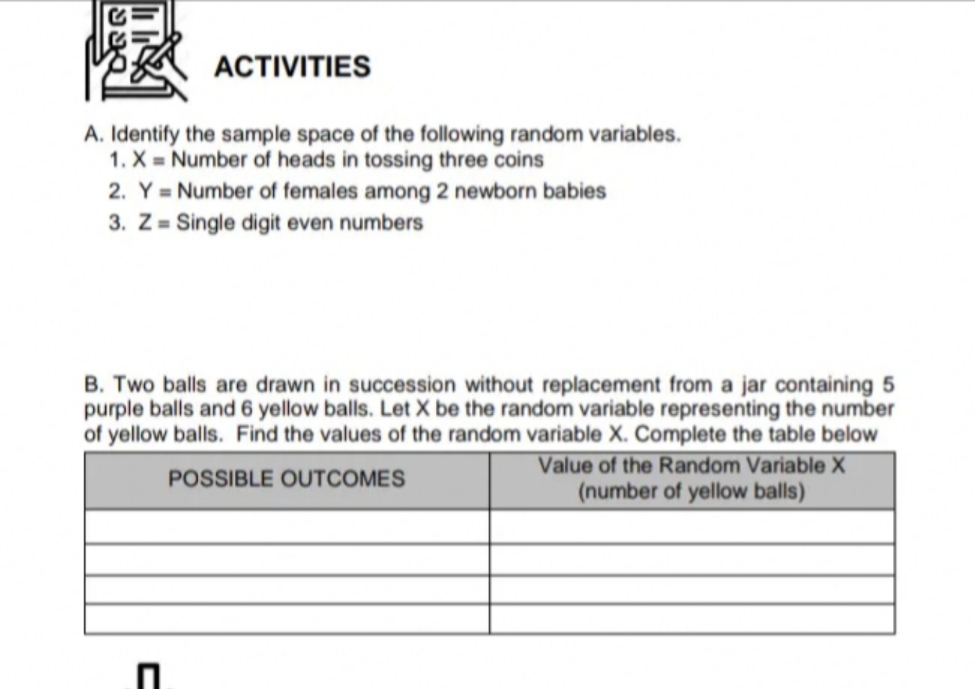 answer activity A and B ACTIVITIES A. Identify the sample space of