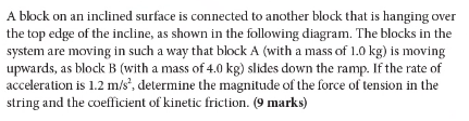  A block on an inclined surface is connected to another block