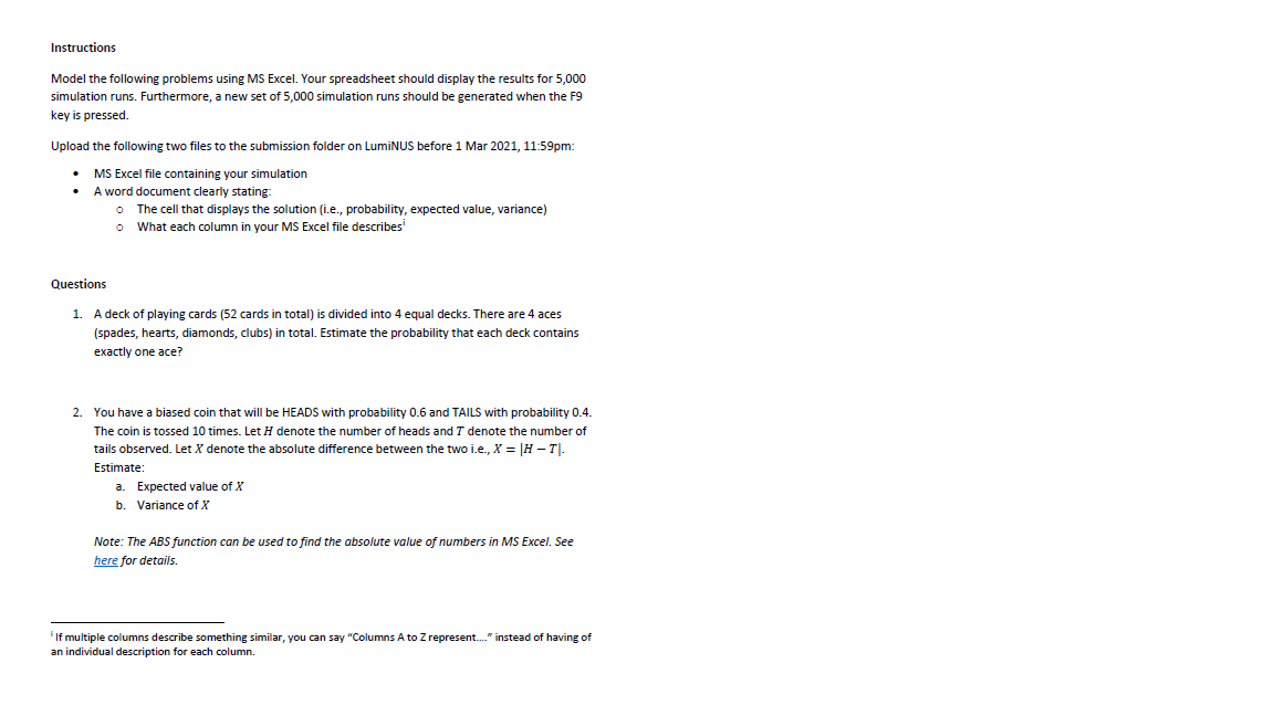  Instructions Model the following problems using MS Excel. Your spreadsheet should