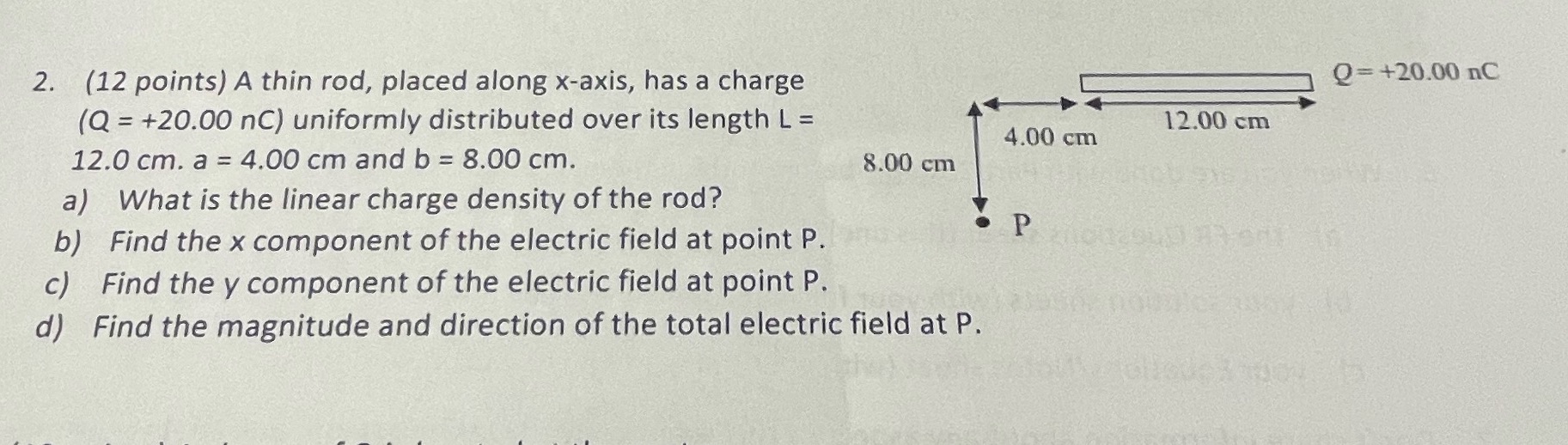  2. (12 points) A thin rod, placed along x-axis, has a