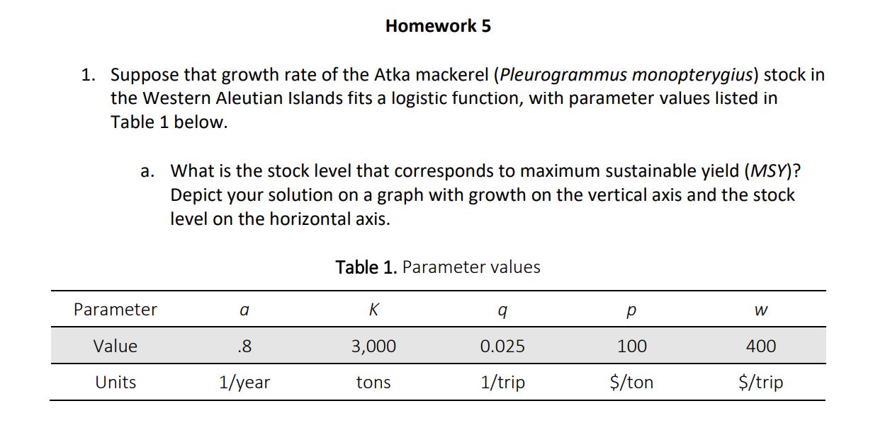1. Homework 5 Suppose that growth rate of the Atka mackerel (Pleurogrammus