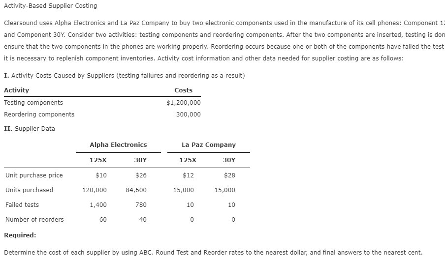 below is the question in images. help!! Activity-Based Supplier Costing Clearsound uses