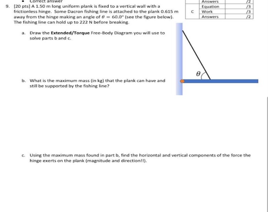  Correct answer 9. [20 pts] A 1.50 m long uniform plank