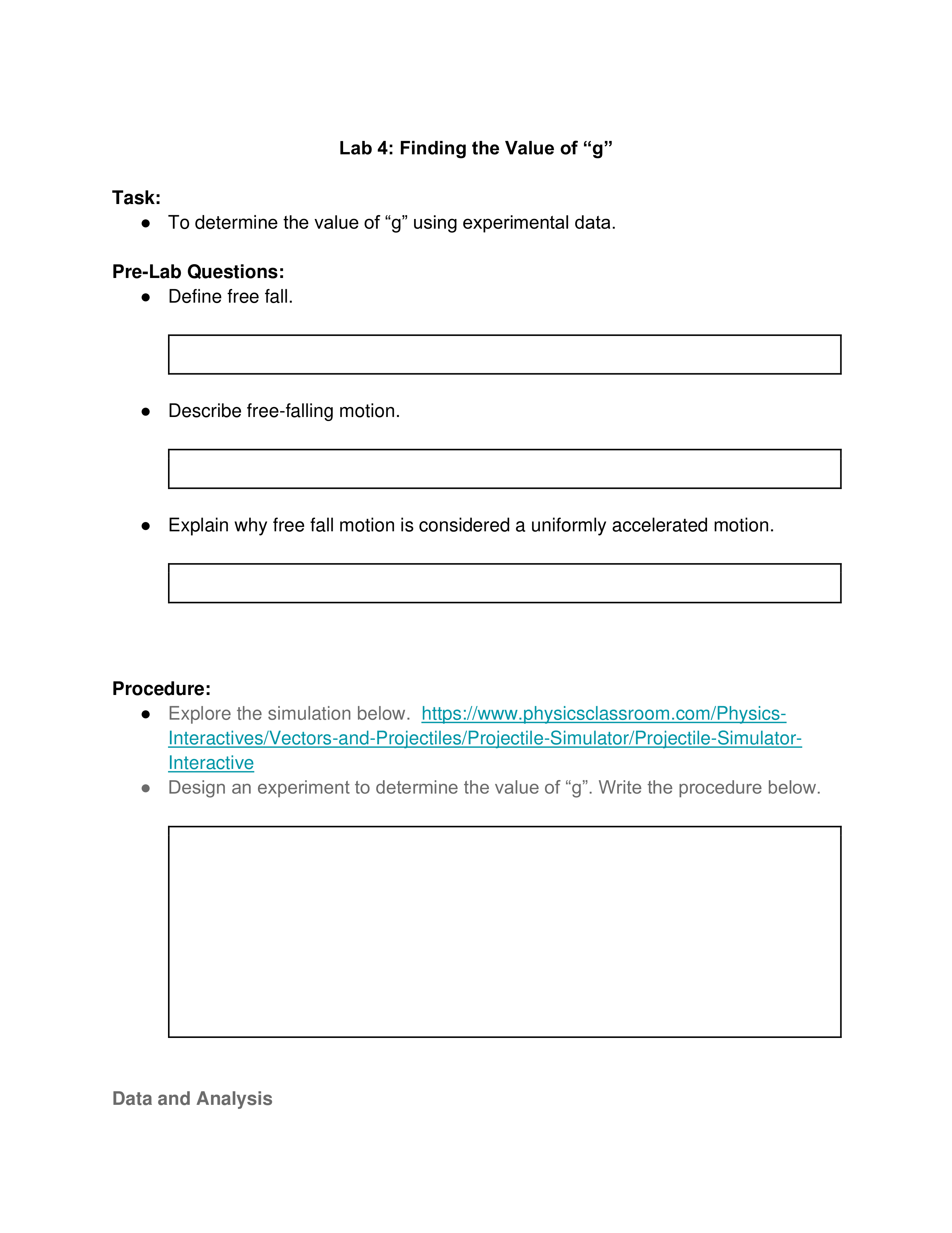  Lab 4: Finding the Value of "g" Task: . To determine