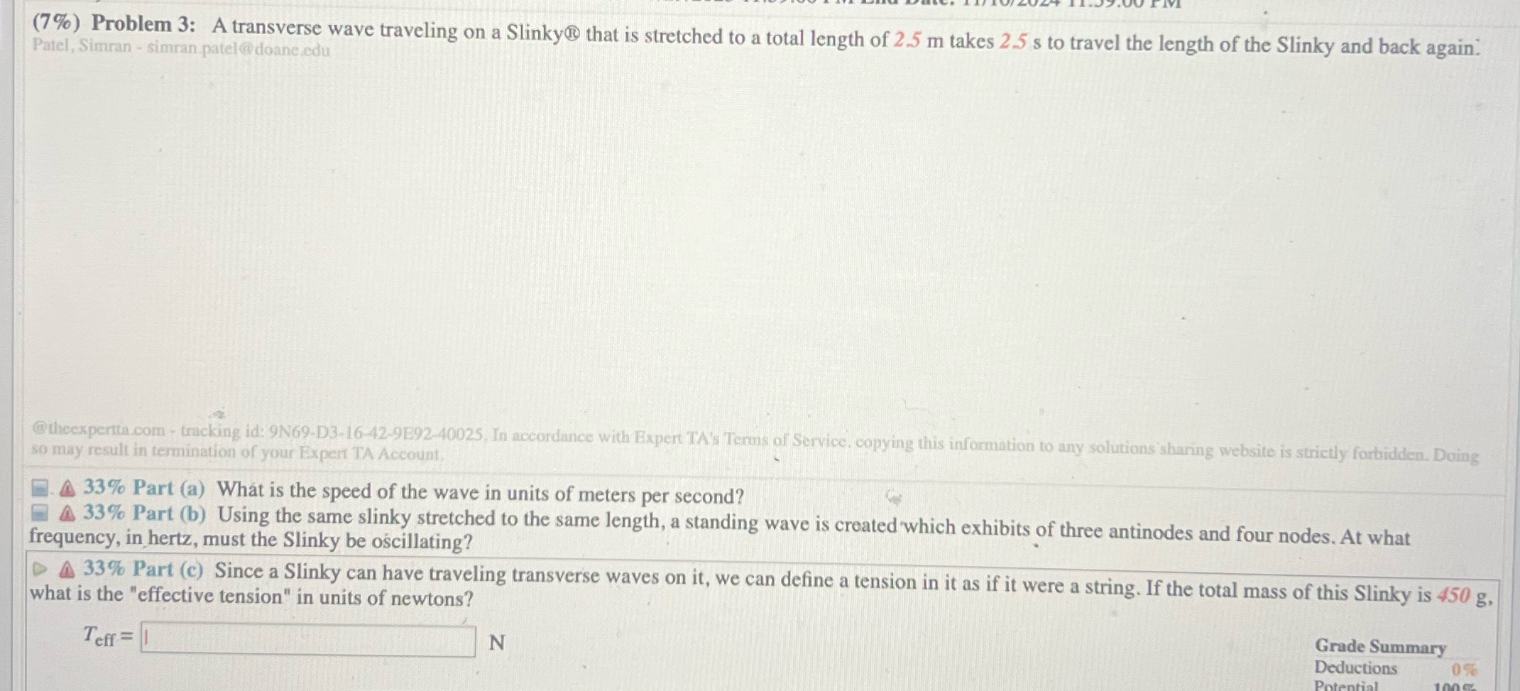 #3answer all parts a-c please (7%) Problem 3: A transverse wave traveling