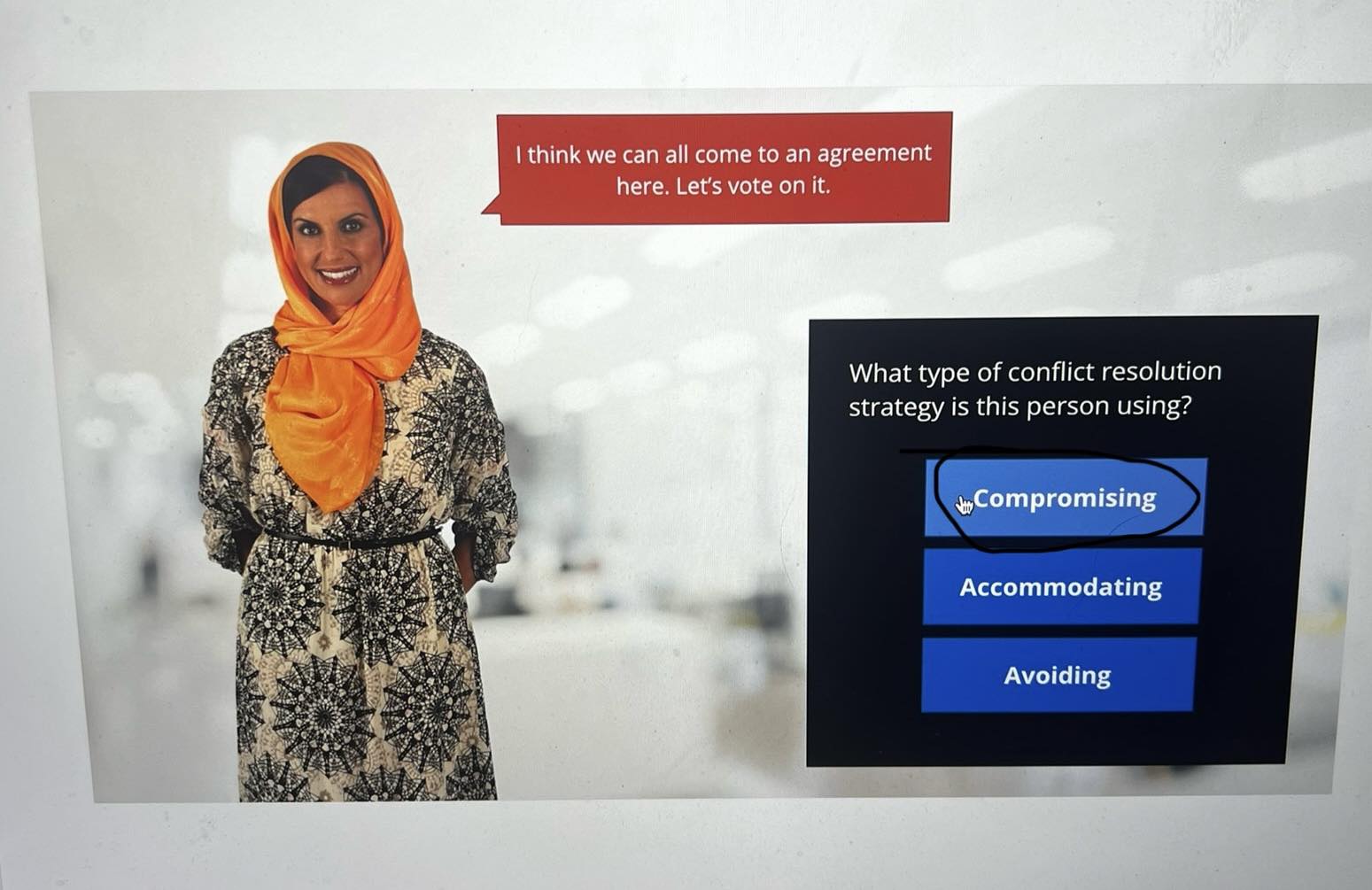 Collaborating Aqgommodating Avoiding \fIt's clear there's no one good answer, here. Let's