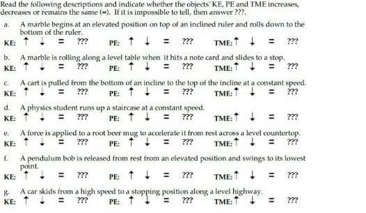 Read the following descriptions and indicate whether the objects" KE, PE